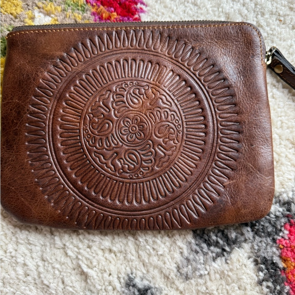 Patricia Nash large pouch/ wristlet. Brown leather.